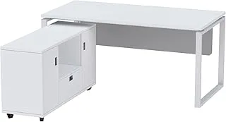 Mahmayi Carre 5114L Modern Executives Workstation Desk with Wood Desktop - Square Shape Steel Legs, Silver Modesty Panel, Smart Cable Management- For Office, Home Use (Without Drawer)(White)