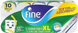 Fine Comfort XL Toilet Paper 2 Ply, 10 Rolls x 250 Sheets, Longer Lasting Absorbent Toilet Roll, Premium Silky Feel Softness Bathroom Tissue Sterilized for Germ Protection, 2 Ply Tissue Thickness