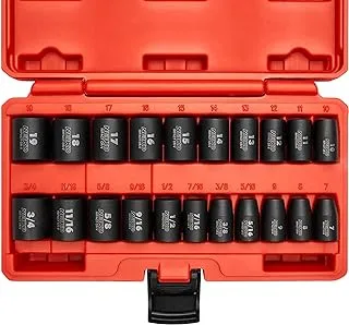 NEIKO 02432A 3/8” Drive SAE and Metric Impact Socket Set | 21 Shallow Pieces | SAE 5/16” to 3/4” | 7mm to 19mm | Premium Cr-V Steel | 6-Point Hex Design | Corrosion Resistant Coating