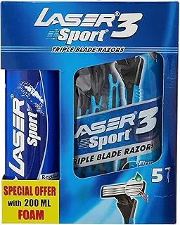 Laser Sport 3 Three Blade Disposable Shaving Razor-Rubber Grip Handle-Flexi Neck-Strip with aloe & vitamin E-Ultra Smooth Shave 5 Pieces + Laser Sport Shaving Foam 200ML