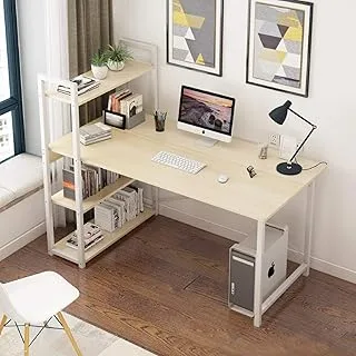 Eesyy computer desk with storage shelves,modern pc laptop wood study table with bookshelf & cpu rack,gaming table with keyboard tray, for home office 120 - Beige