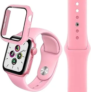 Apple Watch Band with Protective Case Cover, Soft Silicone Band/Strap and Screen Protector for Series 6/SE/5/4 (44mm, Medium, vintage rose + Cover)