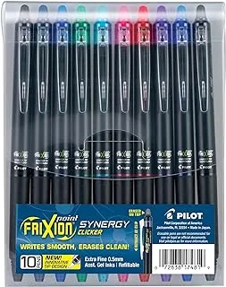 Pilot, FriXion Synergy Clicker Erasable, Refillable, Retractable Gel Ink Pens, Extra Fine Point 0.5 mm, Pack of 10, Assorted Colors