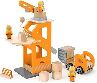 VIGA Play Vehicle Wooden Crane Lift with Dumper Toy for Kids Ages 3+ Years