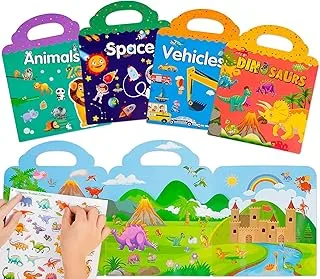 Mumoo Bear Reusable Sticker Books Toys for Kids - 4 Pack for Age 2 3 4 Year Old Boys Girls Toddlers, 3D Clear Animal Space Vehicles Dinosaur Sticker Book Educational Learning Toy Birthday Gifts