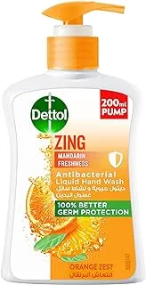 Dettol Zing Mandarin Freshness Liquid Hand Wash for Effective Germ Protection & Personal Hygiene, Protects Against 100 Illness Causing Germs, Orange Zest Fragrance, 200ml