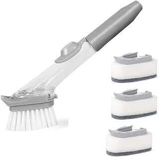 FRATELLI BESTECH KNIVES Soap Dispensing Dish Brush, Kitchen Scrub Brush For Pans Pots Sink With 1 Handle And 3 Brush Heads, Clear/Gray, Grey, SFZ-438