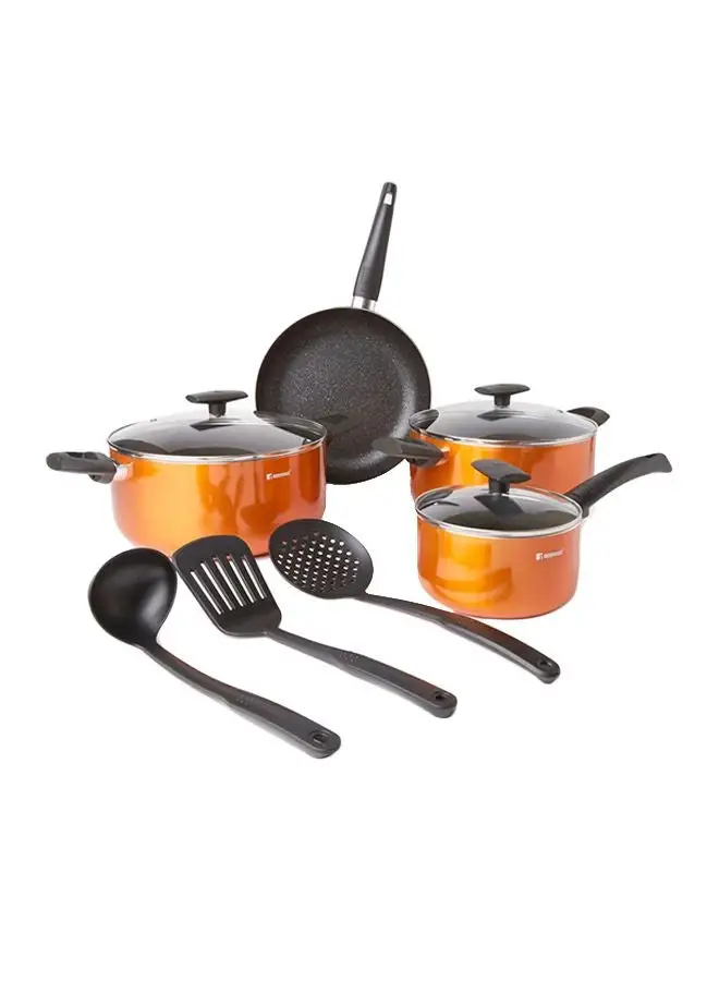 BERGNER 10-Piece Ultra Press Aluminium Non-Stick Cookware Set Includes 3x Nylon Tools, 1xFrypan 26cm, 1xSaucepan With Lid 16cm, 1x Casserole With Lid 24cm, 1x Casserole With Lid 26cm Orange/Black