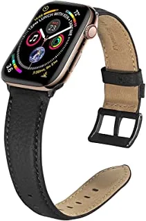 FOOKANN Genuine Leather Cowhide Watch Band Compatible with Apple Watch 44mm 42mm 40mm 38mm Series 6/5 / 4/3 / SE (40mm / 38mm, Black with Black Buckle)