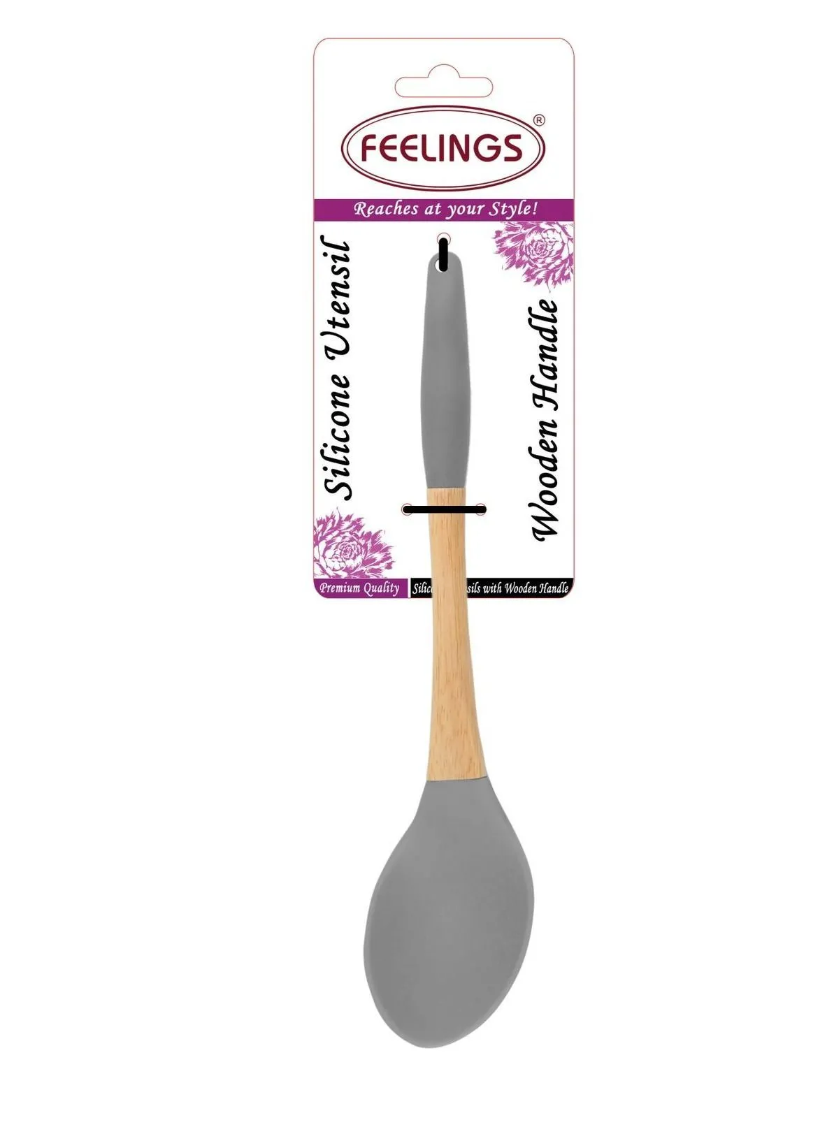 Feelings Silicone Spoon With Rubber Wood Handle Grey Color 32cm