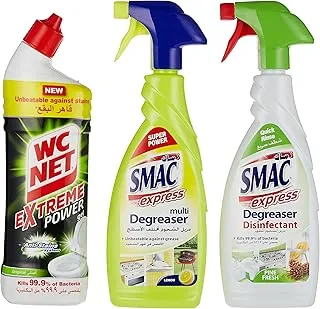 SMAC WC Net Toilet Cleaner Extreme Power Original, 750 ml + SMAC Express Multi Degreaser, Lemon, 650 ml + SMAC Express Degreaser Disinfectant Surface Spray, Pine, 650 ml