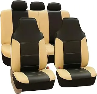 FH Group Car Seat Covers Full Set Beige Black PU Leather - Universal Fit, Automotive Covers, 1-Piece Front Airbag Compatible, Split Bench Rear Cover, Cover for SUV