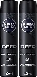 NIVEA MEN Antiperspirant Spray for Men, DEEP Black Carbon Antibacterial, Dark Wood Scent, 2 x 200ml