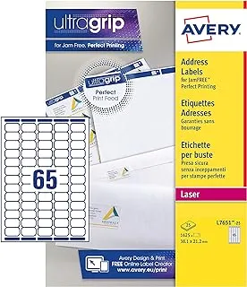 AVERY Self Adhesive Mini Organising Return Address Labels, Laser Printers, 65 Labels per A4 sheet, 1625 labels, UltraGrip (L7651), white, L7651-25, 25 Sheets