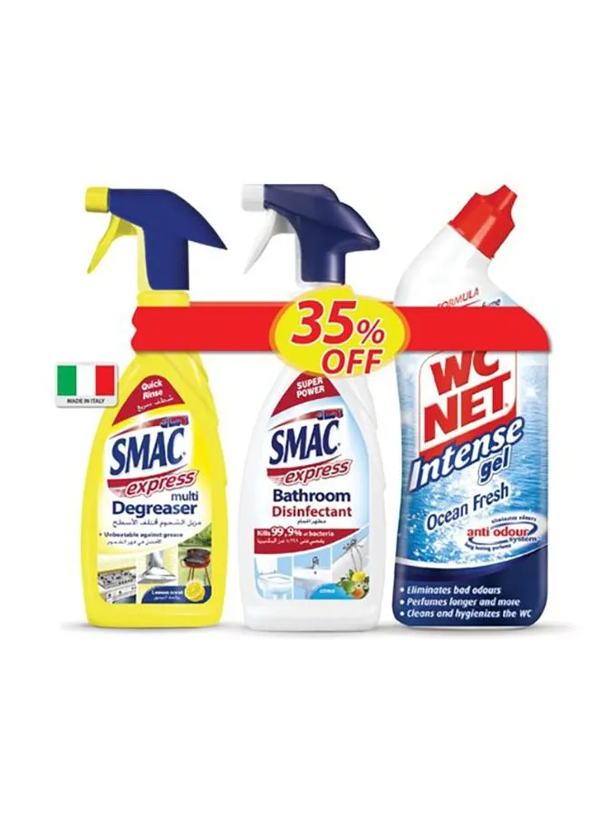 حزمة SMAC Super Saver Bundle Express Multi مزيل الشحوم بالليمون 650 مل مع منظف أسطح الحمام السريع 650 مل ومنظف المرحاض جل مكثف أوشن فريش 750 مل