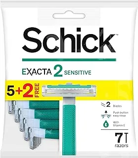 Schick Exacta2 Sensitive Twin Blade Disposable Razor For Men-Strip Enriched With Vitamin E & Aloe-Vera-Close & Smooth Shave-Push Clean Button-Slim Head-Non Slip Comfortable Rubber Grip- 5+2 Razors