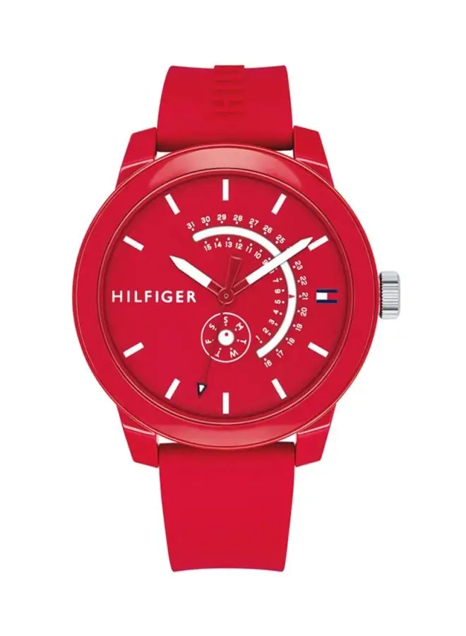 TOMMY HILFIGER Men's Denim Round Shape Silicone Strap Analog Wrist Watch 44 mm - Red - 1791480