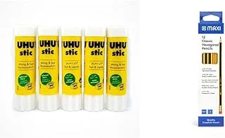 Uhu 45275-5 Glue Sticks 4X Stic Mit 1X Magic Stic، 8.2 G & Maxi Classic HB مع طرف مطاطي ، صندوق 12 ، أسود