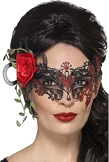 Smiffys Day of the Dead Metal Filigree Eyemask, Black with Roses, Eyemasks Fancy Dress, Halloween Dress Up Eye masks