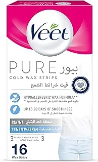 Veet Pure Cold Wax Strips for Bikini, Hypoallergenic Formula Sensitive Skin, Up to 28 Days of Smoothness, 16 with 3 Perfect Finish Wipes