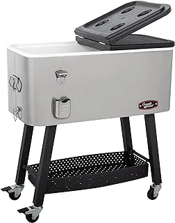 CreoleFeast CL8001S 80-Quart Premium Rolling Cooler, Stainless Steel Portable Cold Drink Beverage Cooler Cart for Outdoor Patio, Tailgating, Poolside BBQ Party, Silver