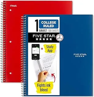 Five Star Spiral Notebooks, 1 Subject, College Ruled Paper, 100 Sheets, 27.9 cm x 21.6 cm, Blue, Red, 2 Pack (38452)