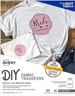 Avery Printable Heat Transfer Paper for Light Fabrics, 21.6 cm x 27.9 cm, Inkjet Printer, 12 Iron On Transfers (3275)