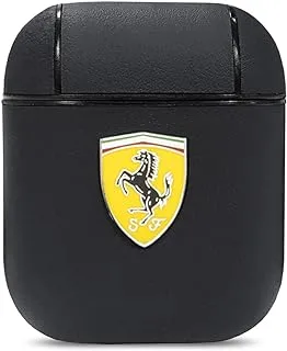 Ferrari CG Mobile Ferrari PC Leather Case With Yellow Shield Metal Logo For Airpods 1/2 - Black