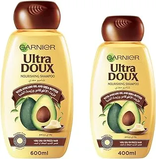 Garnier Ultra Doux Avocado Oil & Shea Butter 600ml + 400ml Shampoo Dual Pack, 1.0 count