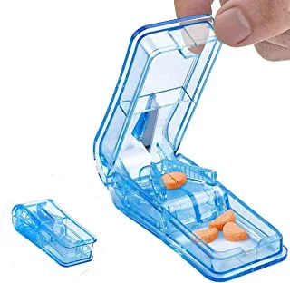 SHOWAY Pill Cutter, Portable Tablet Cutter with Blade 2 In 1 Splitter Case for Pills Tablets Transparent Blue, Small Large Cut Half or Quarter