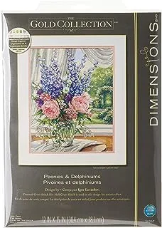 Dimensions 'Peonies and Delphiniums' Floral Counted Cross Stitch Kit, White Aida, 12