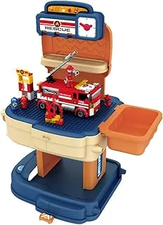 Little Story ROLE PLAY FIRE STATION WITH FIRE TRUCK AND BLOCK TOY SET SCHOOL BAG (223 Pcs) - Orange, 2-IN-1 Mode