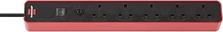 Brennenstuhl Ecolor 5-way extension lead red (Power Strip 5-way with 1,5 m cable, safety fuse button and On/Off switch, 90° angle of sockets)