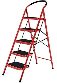 Ladder, Foldable Ladder, Folding Step Stool with Wide Anti-Slip Pedal, Household StepsSturdy, Steel Ladder, Convenient Handgrip, Portable Steel Step Stool (5 Steps, Red)