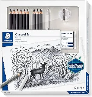 STAEDTLER 61 100C charcoal set with 6 Mars Lumograph black pencils, 3 1 blending stump, kneading artists eraser and metal double-hole sharpener, ST