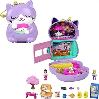 Polly Pocket Sushi Shop Cat Compact​​​, Japanese Sushi-Themed Playset with 2 Micro Dolls & 12 Accessories, Toy Gift for Ages 4 Years Old & Up, HCG21