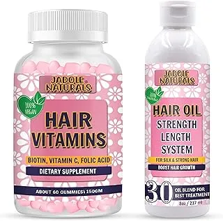 Jadole Naturals Hair Vitamins 60 Gummies & Hair Oil 237 ml Combo Pack | Supports Hair Growth, Reduce Hair Loss, Promotes Silk & Strong Hair | Hair Multivitamin with Biotin, Vitamin C & Folic Acid