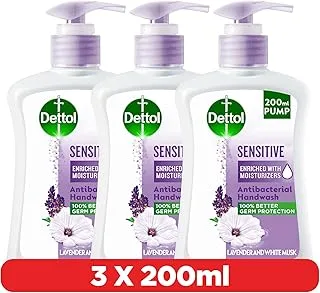 Dettol Sensitive Handwash Liquid Soap Pump Lavender & White Musk Fragrance for effective Germ Protection & Personal Hygiene (protects against 100 illness causing germs), 200ml, Pack of 3