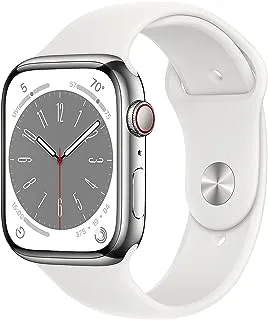 Apple New Apple Watch Series 8 (GPS + Cellular 45mm) Smart watch - Silver Stainless Steel Case with White Sport Band - Regular. Fitness Tracker, Blood Oxygen & ECG Apps, Water Resistant