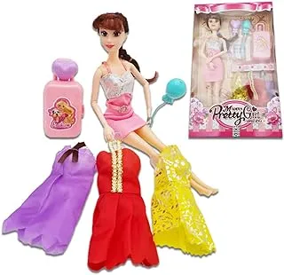 Kidwala Pretty Stylish Girl Doll Toy Purple & Red & Yellow Dresses, Fashionable Doll with Umbrella, Bag & Shoes Set & Balloon, Brown Hair 11 Inch Doll For Girls