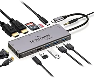 Tecnoware Hub USB Type-C ، محول 13 في 1 ، متوافق مع MacBook ، Notebook ، iPad ، Windows ، Huawei ecc. 13 منفذًا: USB 2.0 / 3.0 و USB Type-C و Ethernet و HDMI 4K وفتحة بطاقة SDXC و Micro SD و Jack Audio.