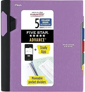 Five Star Spiral Notebook + Study App, 5 Subject, College Ruled Paper, Advance Notebook with Spiral Guard, Movable Tabbed Dividers and Expanding Pockets, 8-1/2