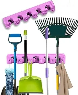 Toshionics Heavy Duty Wall Mounted Mop and Broom Holder Organizer For Home Garden Garage Bathroom Kitchen Cleaning Tools Storage Hanger Rack 5 Position with 6 Hooks (Pink)