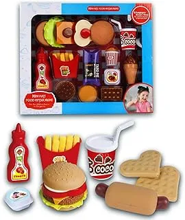 Kidwala FITTO Fast Food pretend play set burger toys for kids, fries, chicken, ice cream, salad, cheese, vegetables, popcorn, cookies, apple pie, and drink fast food playset educational toys for girls