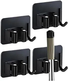 ELLEXMOVING 4 Pack Stainless Steel Broom Mop Holder, Broom Gripper Holds Self Adhesive Reusable Super Anti-Slip, Wall Mounted Kitchen Wardrobe Garage Storage Rack Black Hook