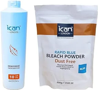 ICAN LONDON PROFESSIONAL CREAM PEROXIDE 10 VOL 3% 1L + RAPID BLUE POWDER BLEACH RESEALBLE BAG 500 G COMBO SET