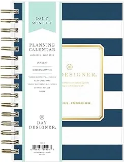 Blue Sky Day Designer for 2022 Daily & Monthly Planner, 5' x 8', Frosted Flexible Cover, Wirebound, Navy Stripe (103623-22)