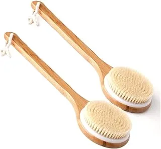 SKY-TOUCH Bath Brush Long Handle 2pcs, Shower Brush Soft Body Brush Back SPA Clean Natural Bristles Exfoliating Brush Long Wooden Handle Brown