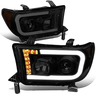 DNA MOTORING HL-LB-TT07-BK-SM-AM Pair LED DRL Tube+Turn Signal Projector Headlight Set Compatible with Toyota Sequoia 08-17 / Tundra 07-13,Black Housing Smoked Lens Amber Corner