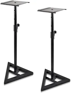 Pyle Speaker Stand Pair of Sound Play 1 and 3 Holder - Telescoping Height Adjustable from 26” - 52” Inch High Heavy Duty Three-point Triangle Base w/Floor Spikes and 9” Square Platform, Black